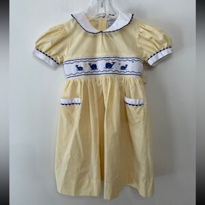 Friedknit Creations Smocked Yellow Dress  Seersucker Whales Toddler Girl Sz 3T